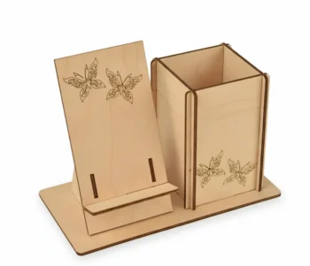Elegant Wooden Phone Stand & Pen Holder Combo with Butterfly Etchings