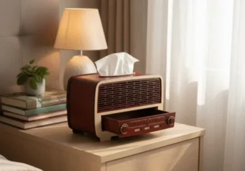 Nostalgic Retro Radio-Style Wooden Tissue Box Holder with Storage Drawer