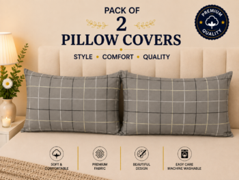 Premium Printed Pillow Covers Pack of 2 - Minimalist Windowpane Grid Pattern (Grey & Cream Lines)