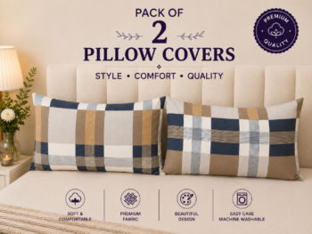 Premium Printed Pillow Covers Pack of 2 - Classic Plaid Checkered Pattern (Navy Blue & Tan Brown)