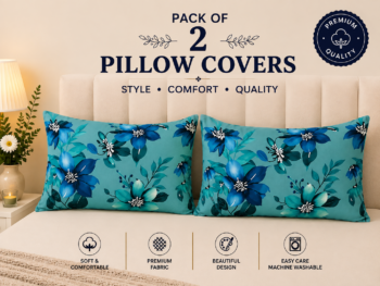 Premium Printed Pillow Covers Pack of 2 - Vibrant Floral Blossom Pattern (Teal & Royal Blue)