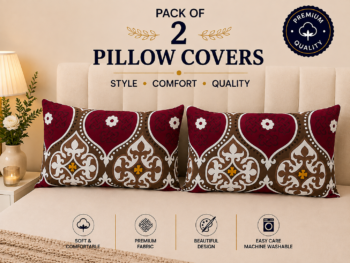 Premium Printed Pillow Covers Pack of 2 - Traditional Damask & Floral Pattern (Maroon & Brown)