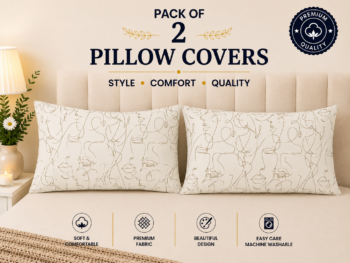 Premium Printed Pillow Covers Pack of 2 - Abstract Face Line Art (Cream & Gold/Beige)