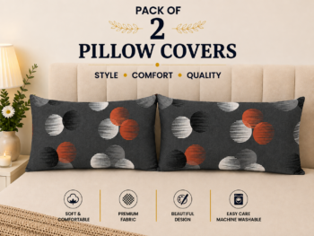 Premium Printed Pillow Covers Pack of 2 - Modern Abstract Circular Pattern (Charcoal Grey & Orange)
