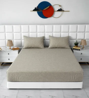 Premium Elastic Fitted Bedsheet Set with Pillow Covers - Textured Geometric Beige