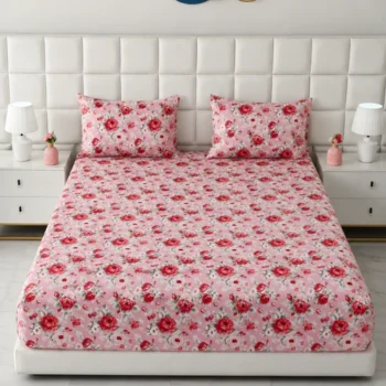 Premium Elastic Fitted Bedsheet Set with Pillow Covers - Red & Pink Rose Floral Print
