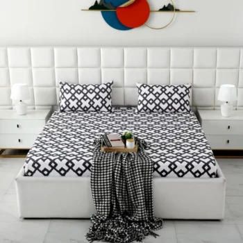 Premium Elastic Fitted Bedsheet Set with Pillow Covers - Black & White Lattice Geometric Pattern