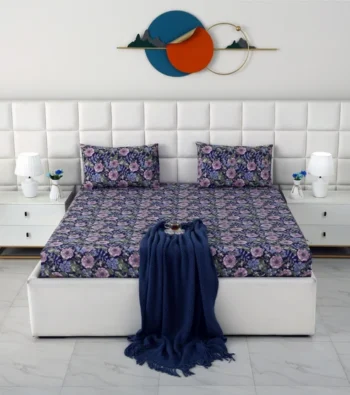 Premium Elastic Fitted Bedsheet Set with Pillow Covers - Vibrant Floral Purple & Navy Blue