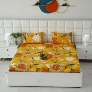 Premium Elastic Fitted Bedsheet Set with Pillow Covers - Vibrant Mustard Yellow Floral Print