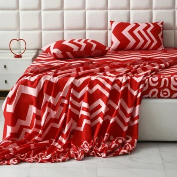 Premium Elastic Fitted Bedsheet Set with Pillow Covers - Red & Pink Zigzag Geometric Pattern