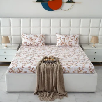 Premium Elastic Fitted Bedsheet Set with Pillow Covers - Autumn Brown Leaf Print on White