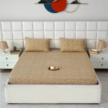 Premium Elastic Fitted Bedsheet Set with Pillow Covers - Vintage Floral Tan & Beige